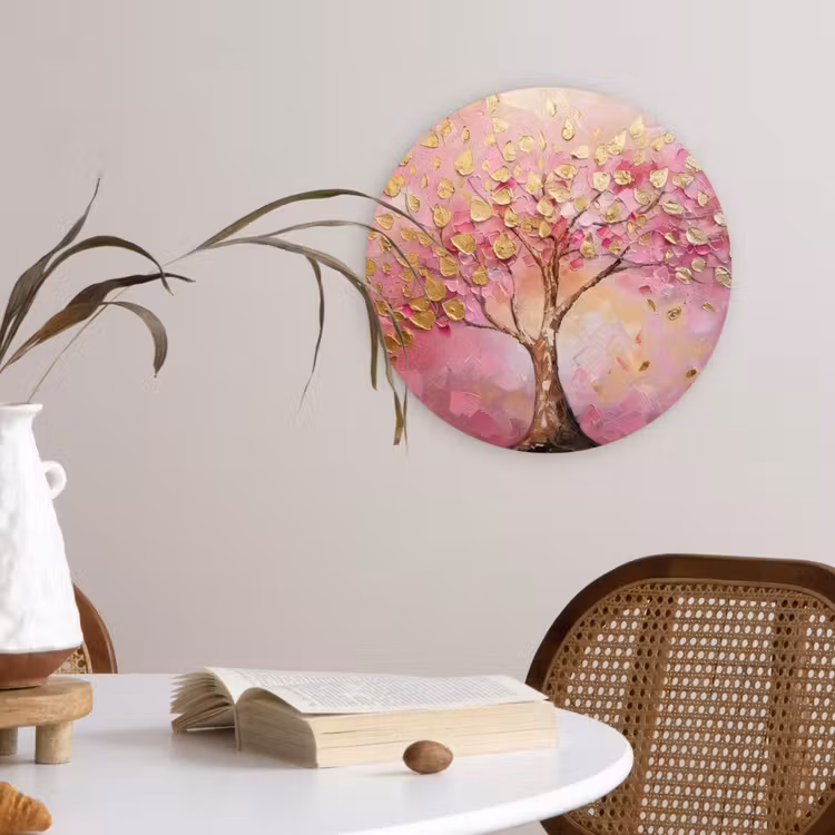 Boom - Roze - Goud - Modern Wandcirkel kunststof plaat 5mm dik klein -sfeer4