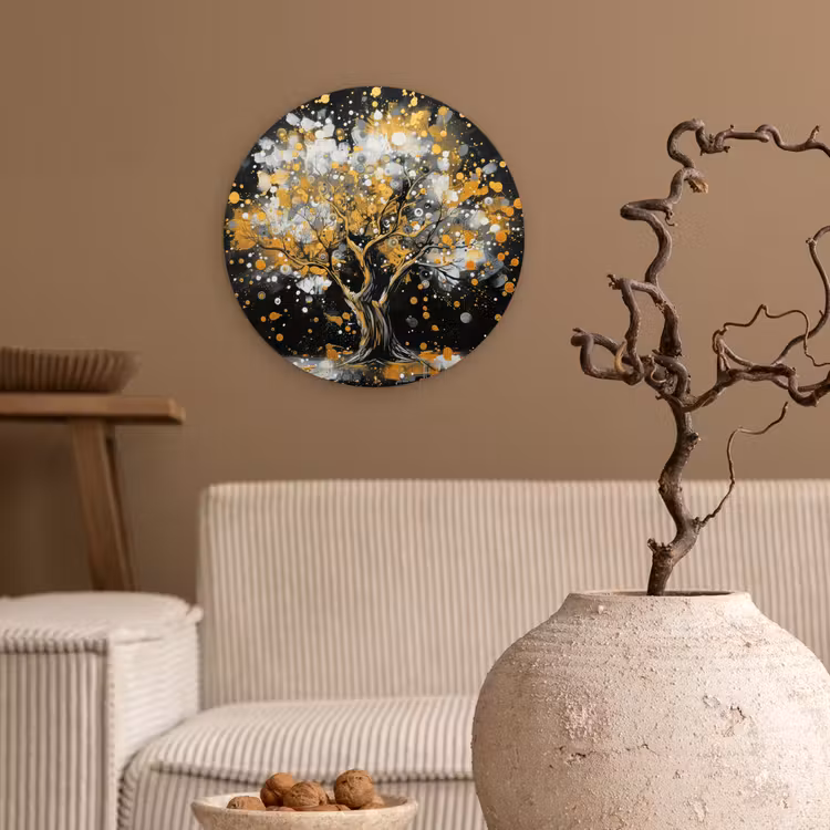 Boom - Zwart - Goud - Wit - Modern Wandcirkel kunststof plaat 5mm dik klein -sfeer1