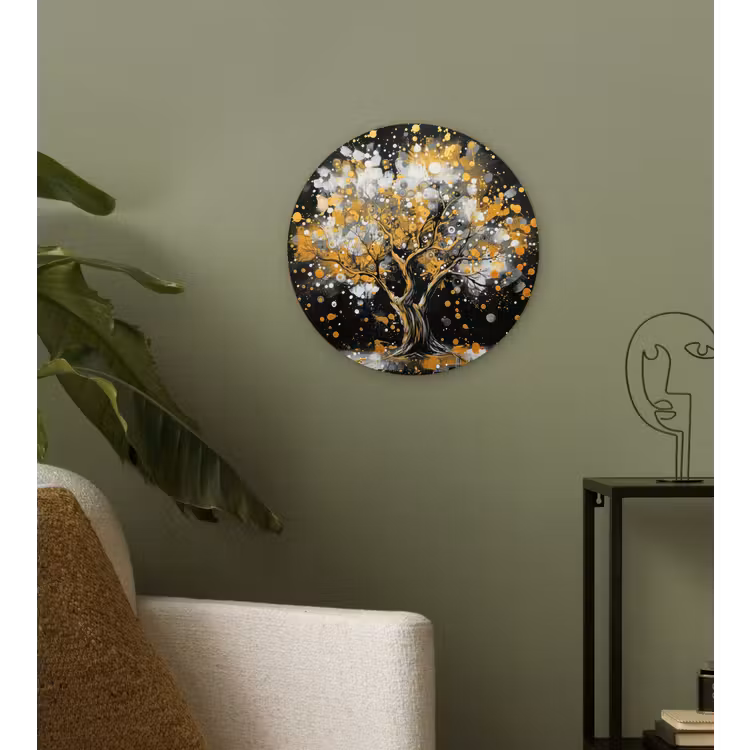 Boom - Zwart - Goud - Wit - Modern Wandcirkel kunststof plaat 5mm dik klein -sfeer3