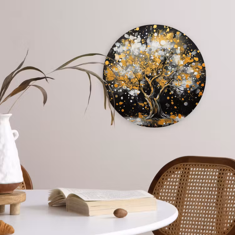 Boom - Zwart - Goud - Wit - Modern Wandcirkel kunststof plaat 5mm dik klein -sfeer4