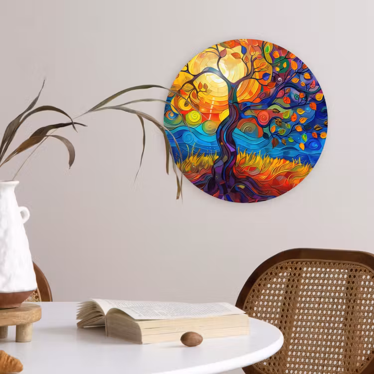 Boom - Zon - Verflook - Kleuren - Abstract Wandcirkel kunststof plaat 5mm dik klein -sfeer4