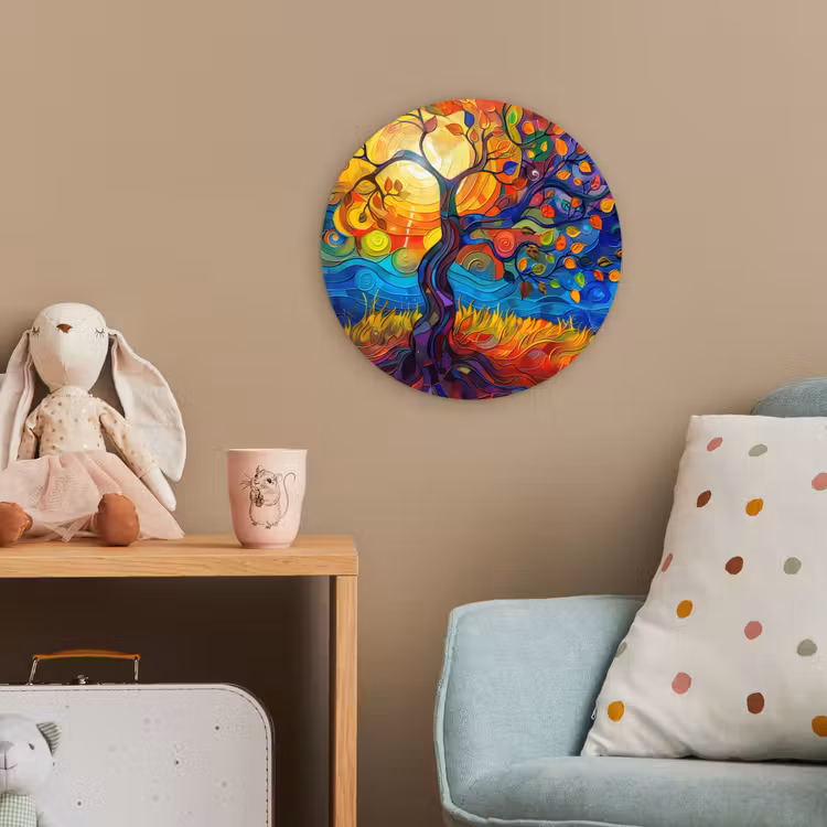 Boom - Zon - Verflook - Kleuren - Abstract Wandcirkel kunststof plaat 5mm dik klein -tsfeer1_kind