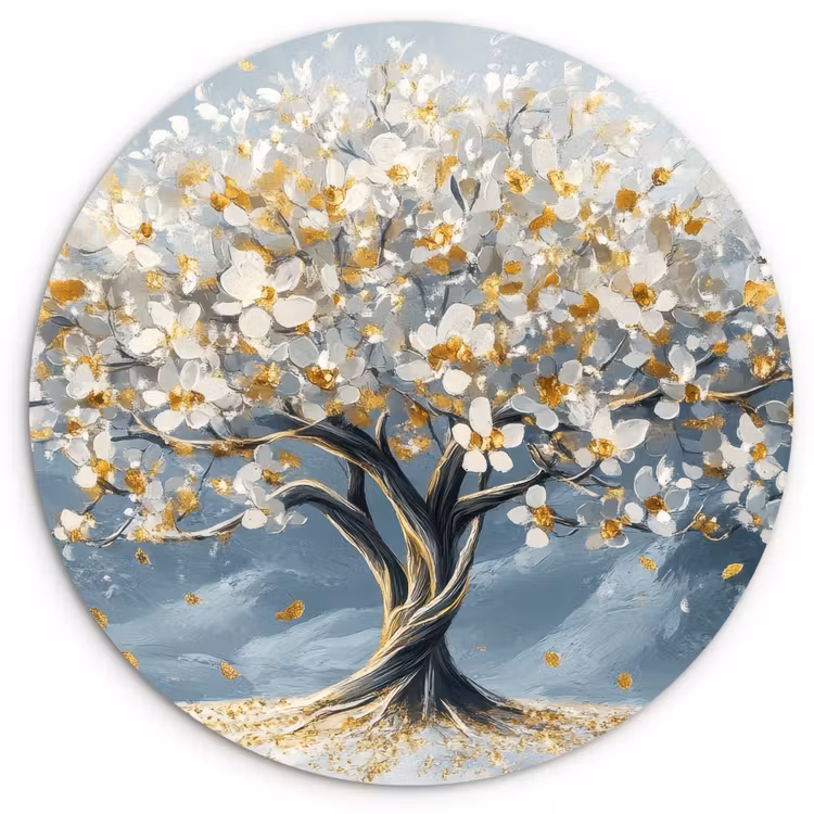 Boom - Winter - Levensboom - Modern - Goud Wandcirkel kunststof plaat 5mm dik klein -3d