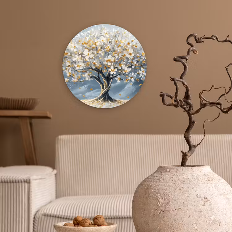 Boom - Winter - Levensboom - Modern - Goud Wandcirkel kunststof plaat 5mm dik klein -sfeer1
