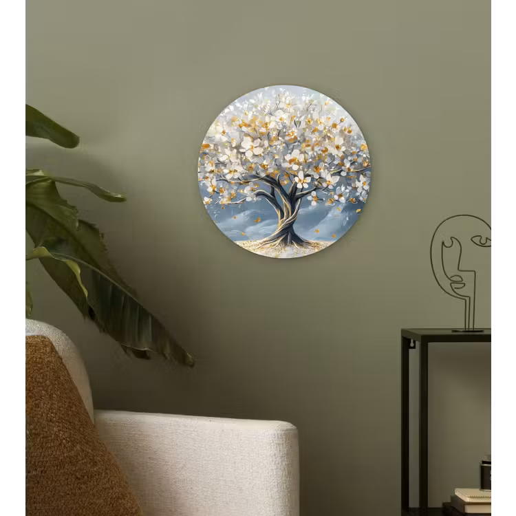 Boom - Winter - Levensboom - Modern - Goud Wandcirkel kunststof plaat 5mm dik klein -sfeer3