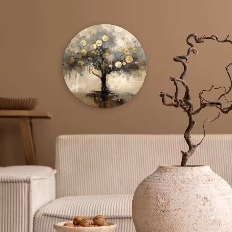 Beige - Abstract - Boom - Goud Wandcirkel kunststof plaat 5mm dik klein -sfeer1