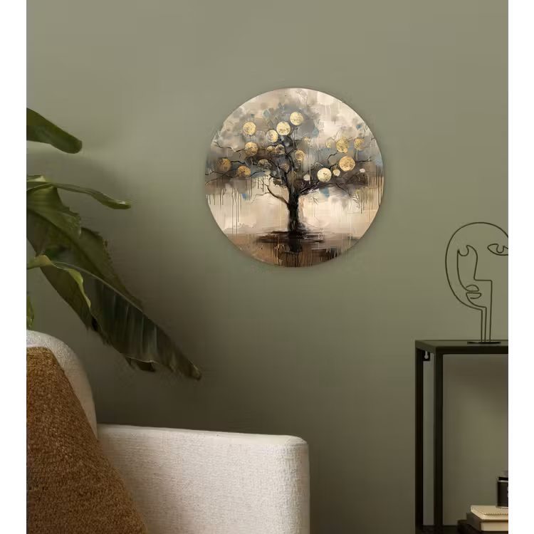 Beige - Abstract - Boom - Goud Wandcirkel kunststof plaat 5mm dik klein -sfeer3