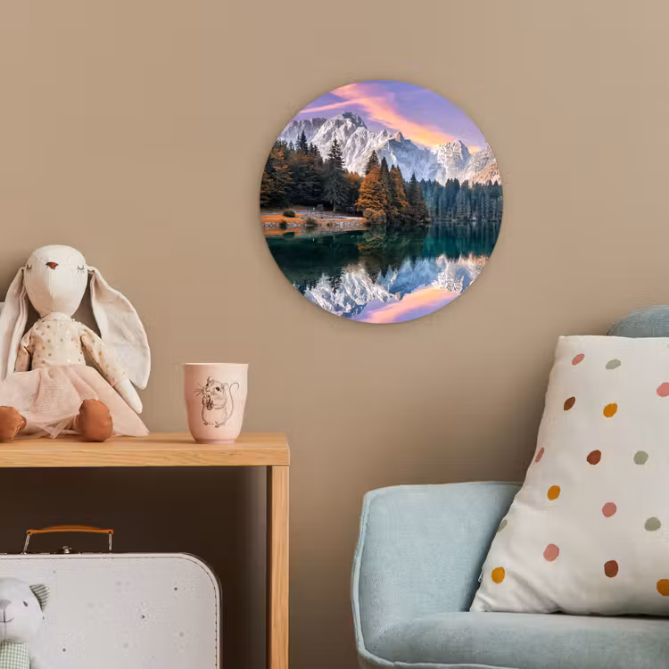 Bergen - Bos - Water - Lucht - Roze - Paars Wandcirkel kunststof plaat 5mm dik klein -tsfeer1_kind