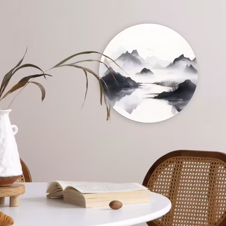 Bergen - Mistig - Water - Wit Wandcirkel kunststof plaat 5mm dik klein -sfeer4
