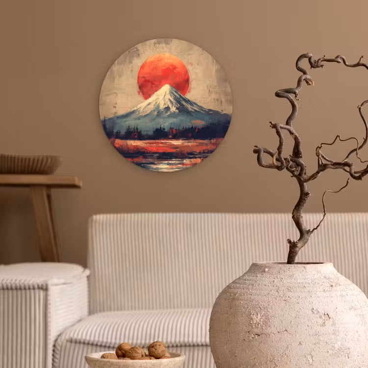 Bergtop - Sneeuw - Zon Wandcirkel kunststof plaat 5mm dik klein -sfeer1