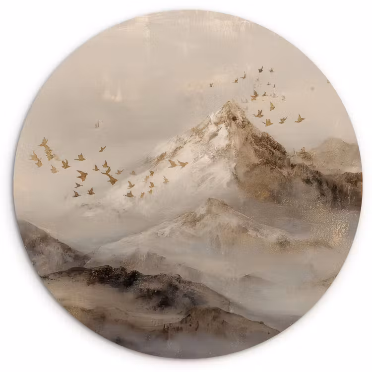 Berglandschap - Mist - Penseelstreken Wandcirkel kunststof plaat 5mm dik klein -3d