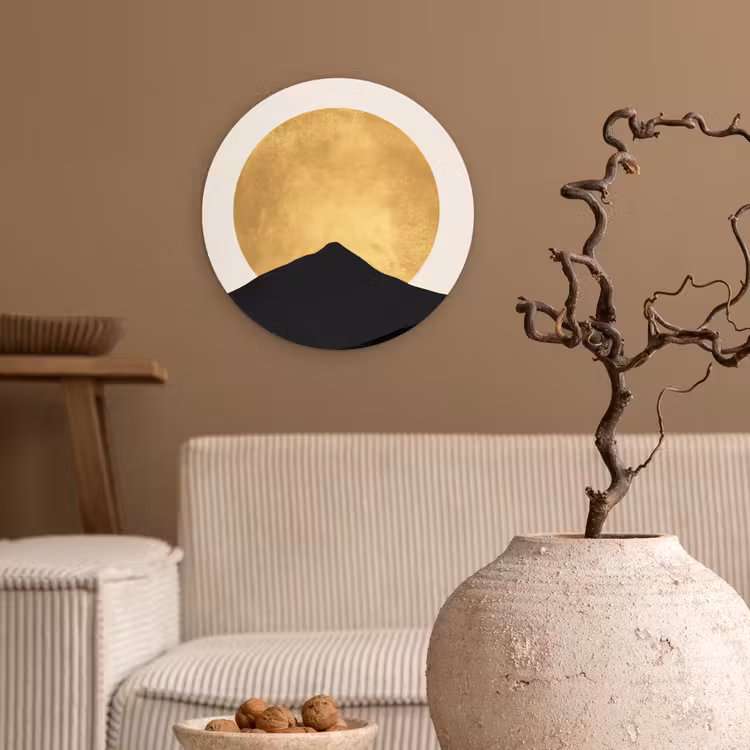 Bergsilhouetten - Gouden cirkel - Beige Wandcirkel kunststof plaat 5mm dik klein -sfeer1