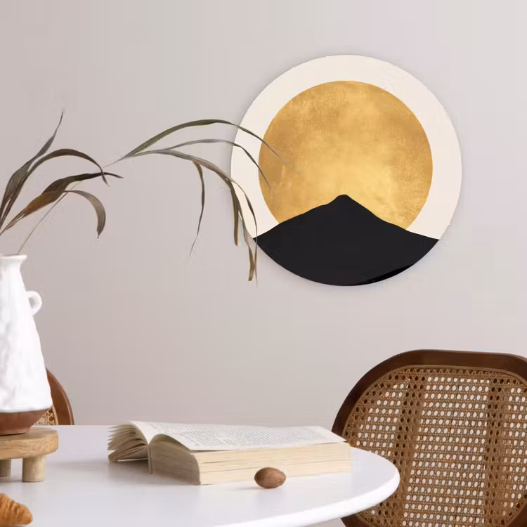 Bergsilhouetten - Gouden cirkel - Beige Wandcirkel kunststof plaat 5mm dik klein -sfeer4