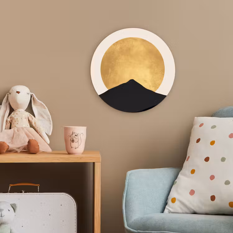 Bergsilhouetten - Gouden cirkel - Beige Wandcirkel kunststof plaat 5mm dik klein -tsfeer1_kind