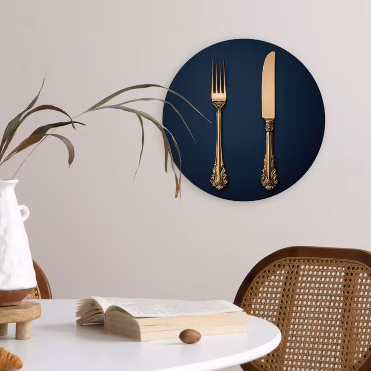 Bestek - Donkerblauw - Goud Wandcirkel kunststof plaat 5mm dik klein -sfeer4