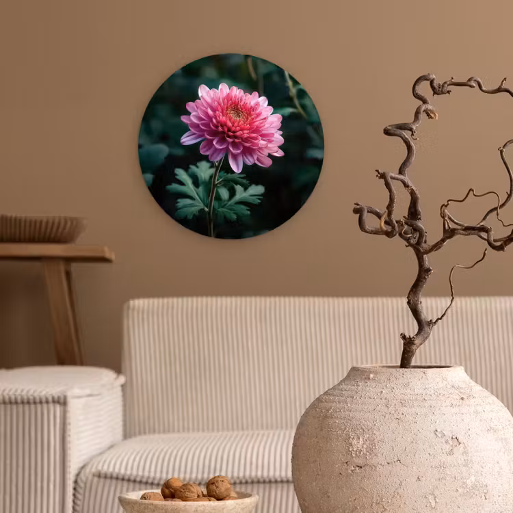 Blad - Chrysant - Roze - Schaduw Wandcirkel kunststof plaat 5mm dik klein -sfeer1