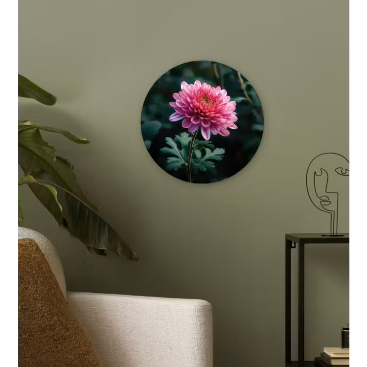 Blad - Chrysant - Roze - Schaduw Wandcirkel kunststof plaat 5mm dik klein -sfeer3