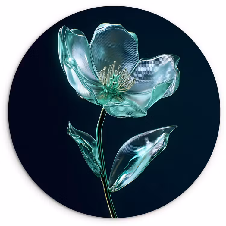 Bladeren - Bloem - Glazen - Donkerblauw Wandcirkel kunststof plaat 5mm dik klein -3d