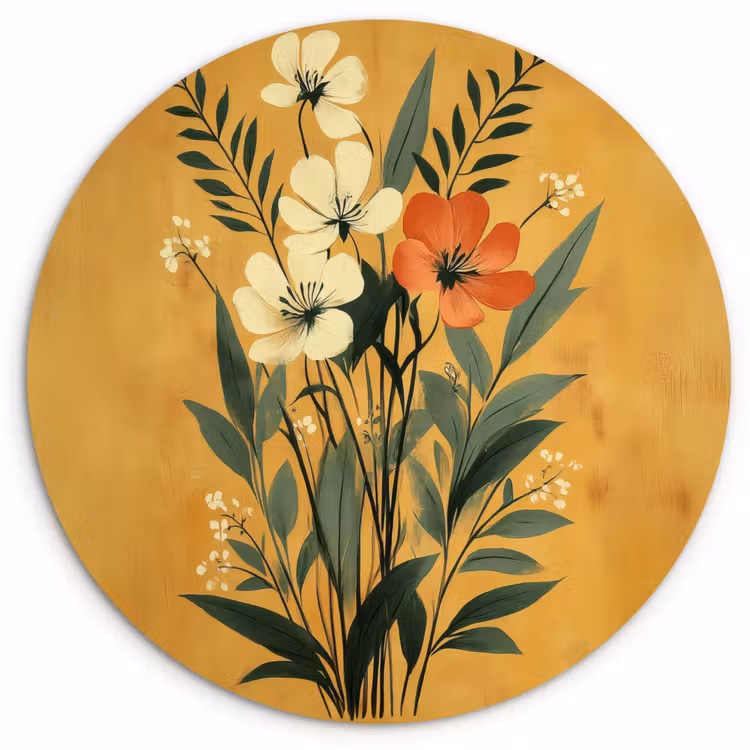 Bladeren - Boeket - Bloemen - Geel Wandcirkel kunststof plaat 5mm dik klein -3d