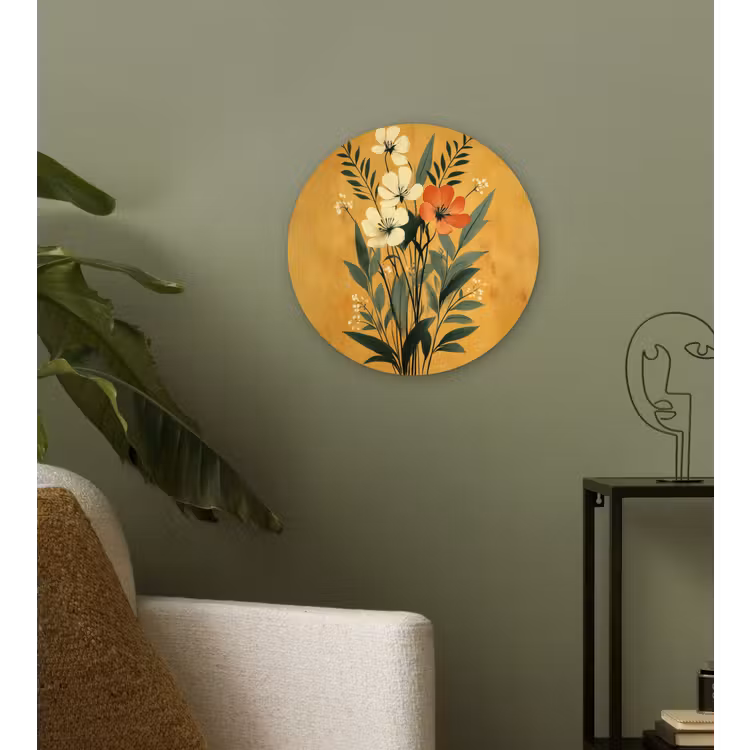 Bladeren - Boeket - Bloemen - Geel Wandcirkel kunststof plaat 5mm dik klein -sfeer3