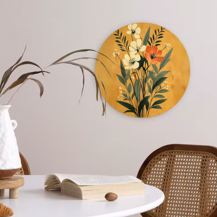 Bladeren - Boeket - Bloemen - Geel Wandcirkel kunststof plaat 5mm dik klein -sfeer4