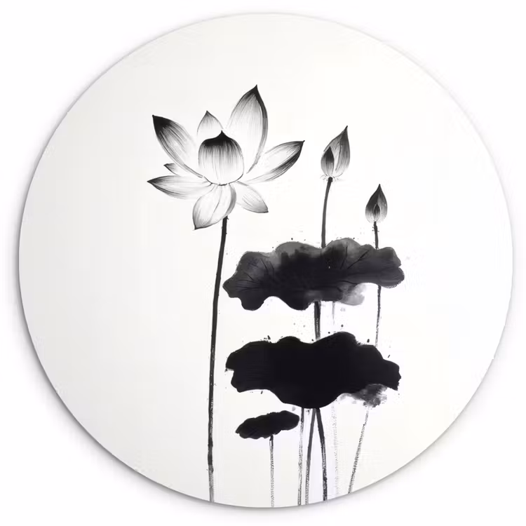 Bladeren - Zwart - Lotusbloem - Minimalitisch Wandcirkel kunststof plaat 5mm dik klein -3d