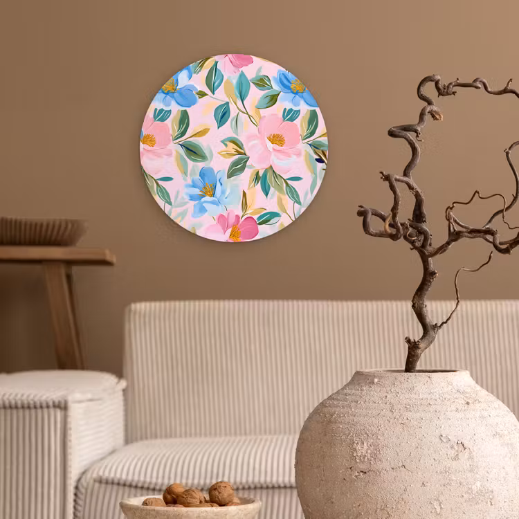 Blauw - Roze - Bloemen Wandcirkel kunststof plaat 5mm dik klein -sfeer1