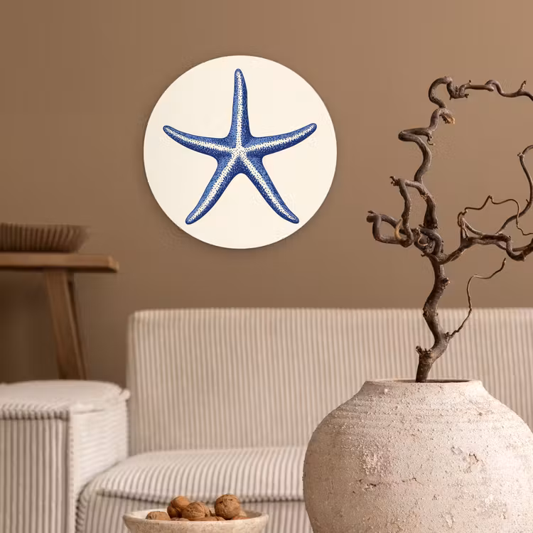 Blauwe zeester - Minimalistisch - Beige Wandcirkel kunststof plaat 5mm dik klein -sfeer1