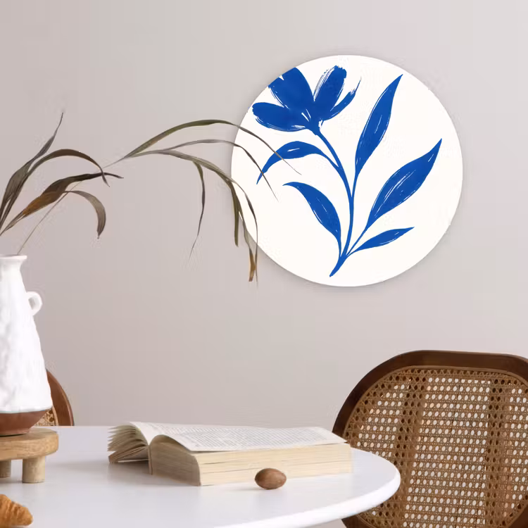 Bloem - Blaadjes - Minimalistisch - Blauw Wandcirkel kunststof plaat 5mm dik klein -sfeer4