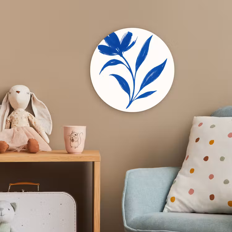Bloem - Blaadjes - Minimalistisch - Blauw Wandcirkel kunststof plaat 5mm dik klein -tsfeer1_kind