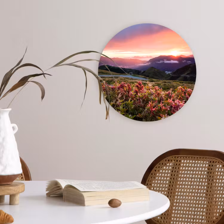 Bloemen - Bergen - Landschap - Nacht - Lucht - Roze Wandcirkel kunststof plaat 5mm dik klein -sfeer4