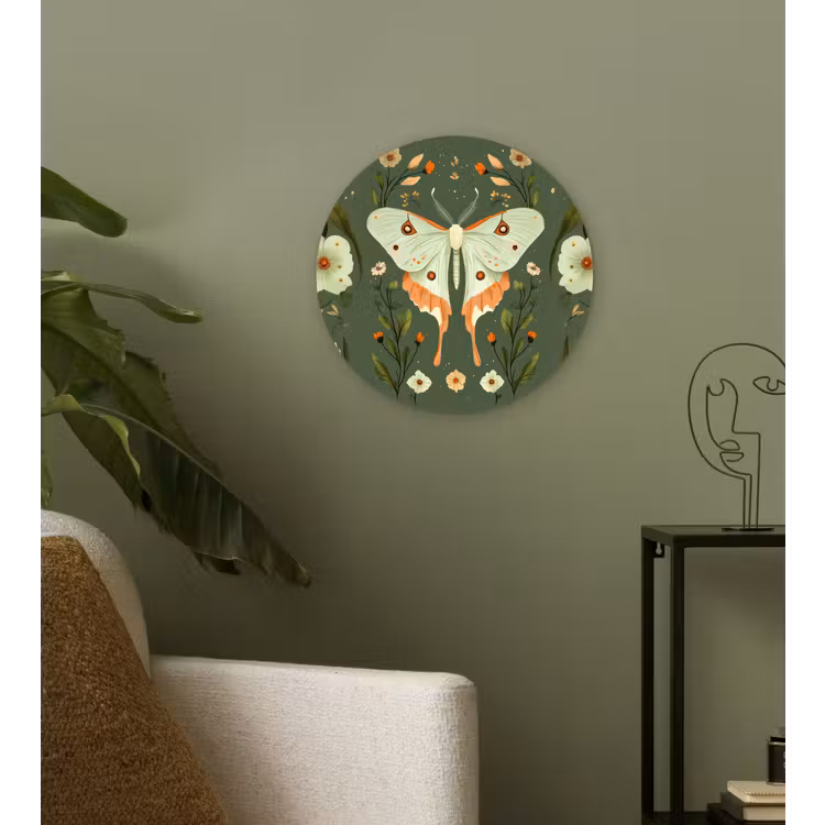 Bloemen - Bladeren - Olijfgroen - Vlinder Wandcirkel kunststof plaat 5mm dik klein -sfeer3