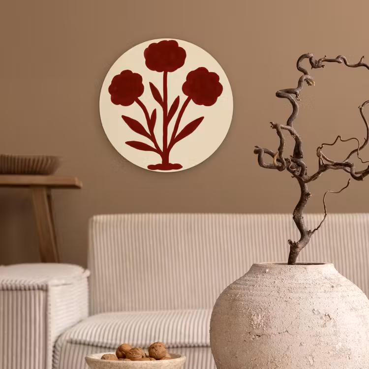 Bloemen - Bladeren - Rood - Minimalistisch Wandcirkel kunststof plaat 5mm dik klein -sfeer1