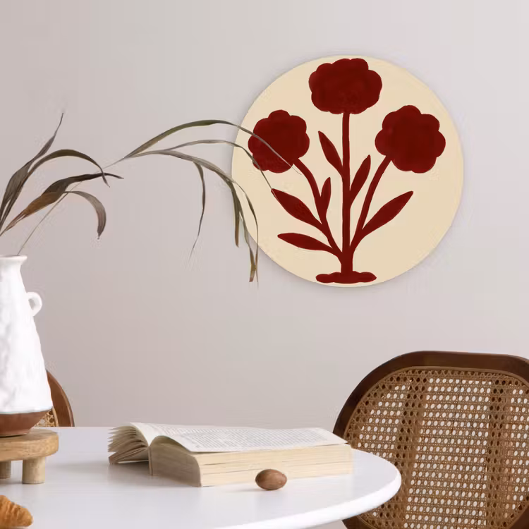Bloemen - Bladeren - Rood - Minimalistisch Wandcirkel kunststof plaat 5mm dik klein -sfeer4