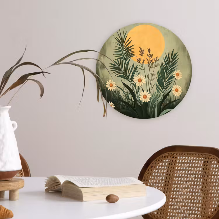 Bloemen - Bladeren - Zon - Groen Wandcirkel kunststof plaat 5mm dik klein -sfeer4