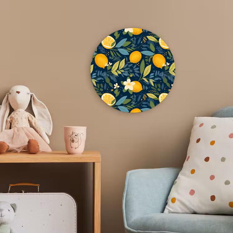 Bloemen - Bladeren - Citroenen - Blauw Wandcirkel kunststof plaat 5mm dik klein 188 -tsfeer1_kind