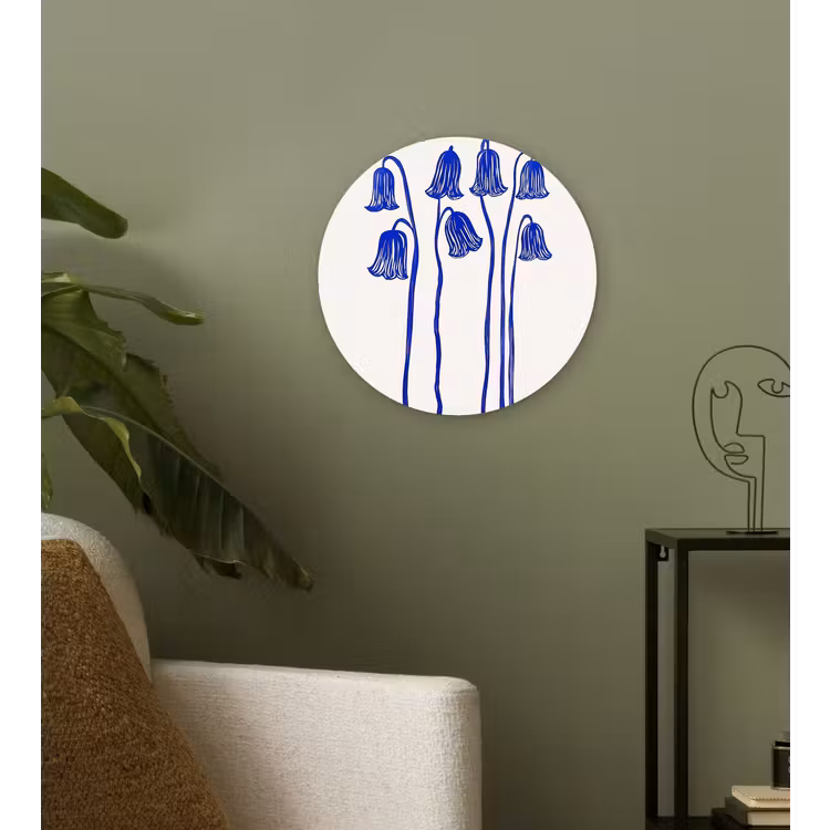 Bloemen - Blauw - Lijnen - Bloemblaadjes Wandcirkel kunststof plaat 5mm dik klein -sfeer3