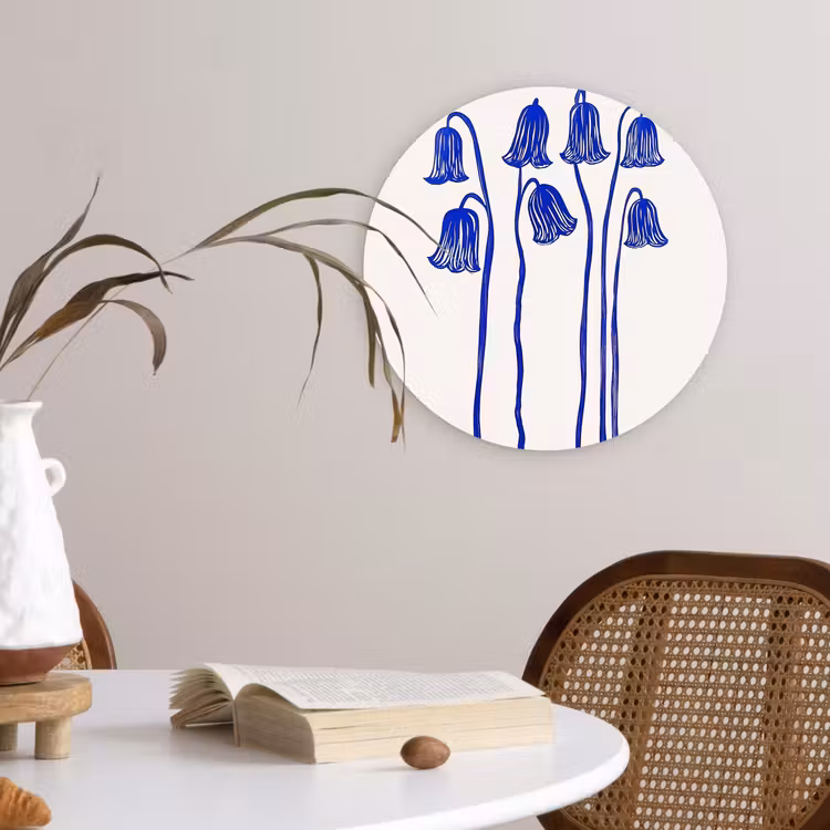 Bloemen - Blauw - Lijnen - Bloemblaadjes Wandcirkel kunststof plaat 5mm dik klein -sfeer4