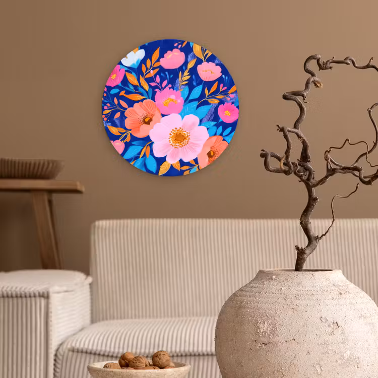 Bloemen - Blauw - Roze Wandcirkel kunststof plaat 5mm dik klein -sfeer1