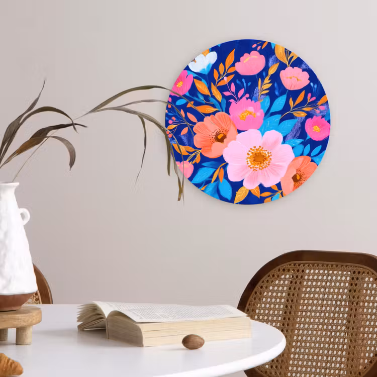 Bloemen - Blauw - Roze Wandcirkel kunststof plaat 5mm dik klein -sfeer4