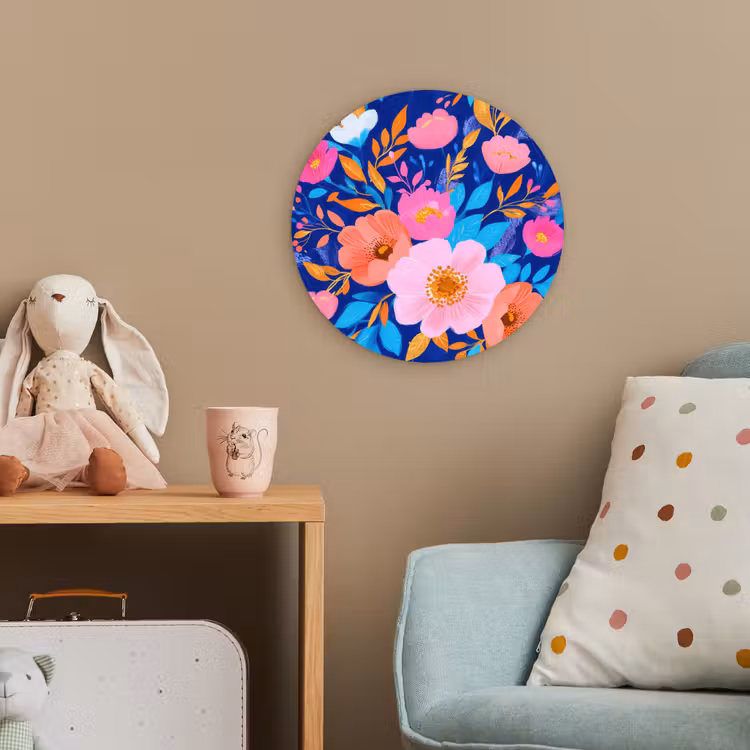 Bloemen - Blauw - Roze Wandcirkel kunststof plaat 5mm dik klein -tsfeer1_kind