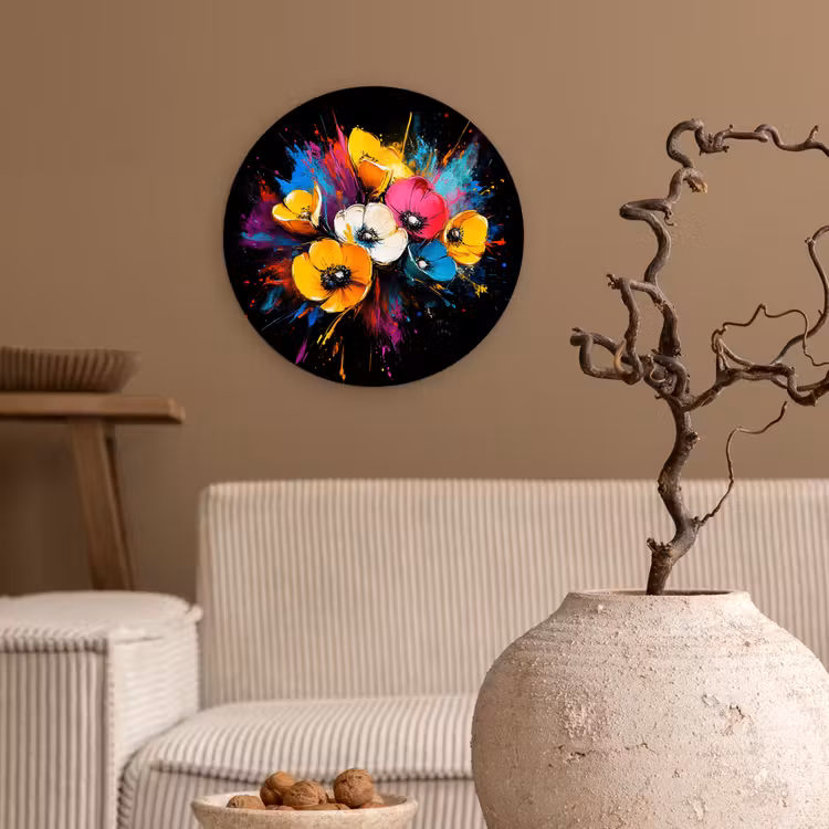 Bloemen - Kleurrijk - Graffiti - Modern - Boeket Wandcirkel kunststof plaat 5mm dik klein -sfeer1