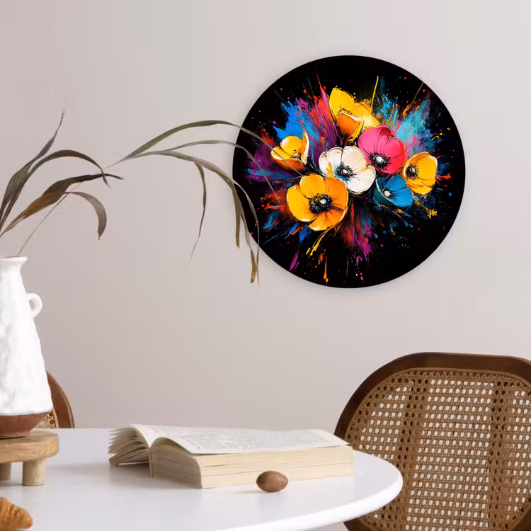 Bloemen - Kleurrijk - Graffiti - Modern - Boeket Wandcirkel kunststof plaat 5mm dik klein -sfeer4