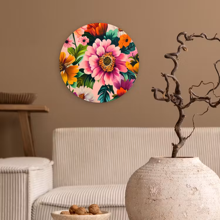 Bloemen - Kleurrijk - Roze Wandcirkel kunststof plaat 5mm dik klein -sfeer1