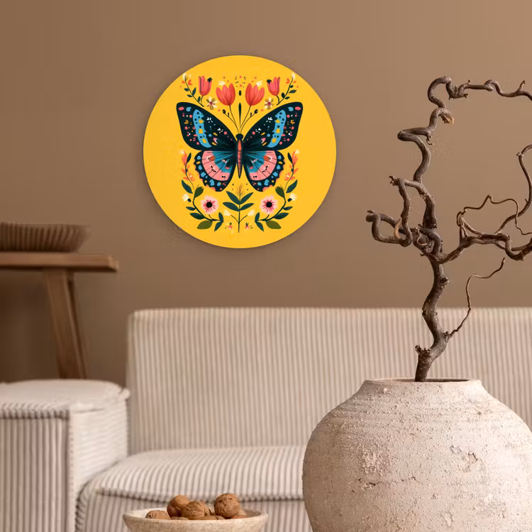 Bloemen - Kleurrijk - Vlinder - Sierlijk Wandcirkel kunststof plaat 5mm dik klein -sfeer1