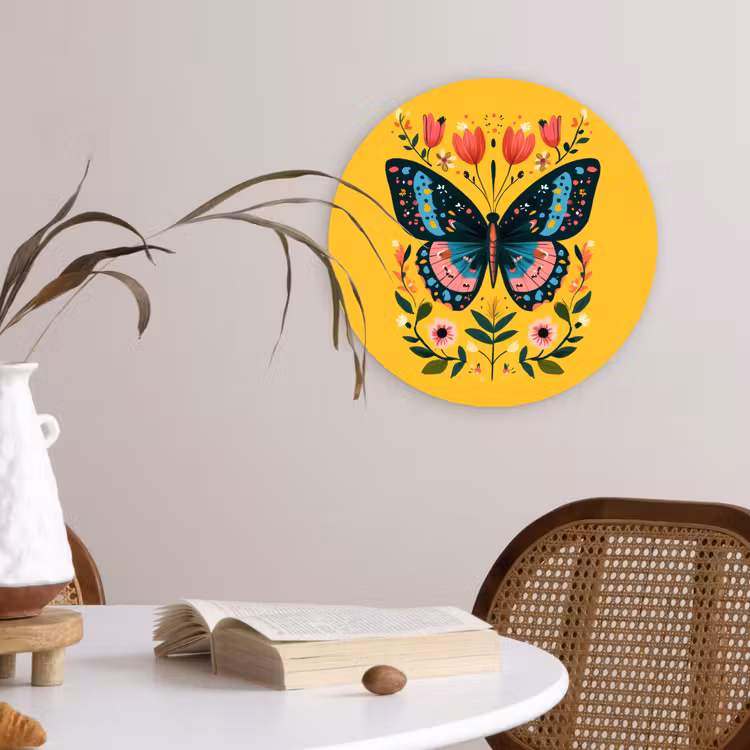 Bloemen - Kleurrijk - Vlinder - Sierlijk Wandcirkel kunststof plaat 5mm dik klein -sfeer4