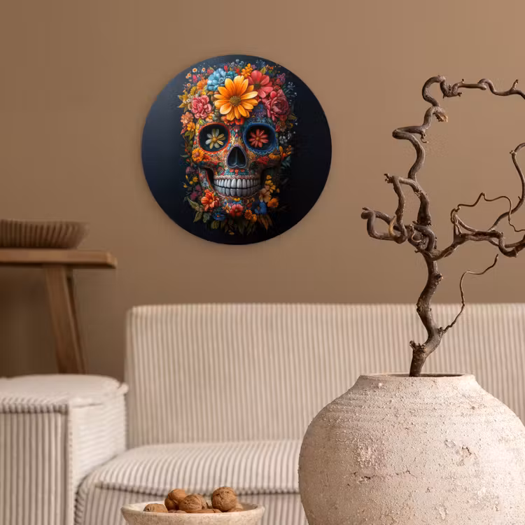 Bloemen - Kleurrijk - Schedel Wandcirkel kunststof plaat 5mm dik klein -sfeer1