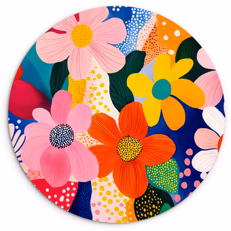 Bloemen - Kleurrijk - Stippen Wandcirkel kunststof plaat 5mm dik klein -3d