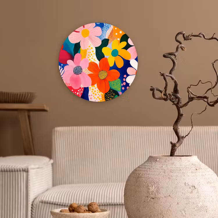 Bloemen - Kleurrijk - Stippen Wandcirkel kunststof plaat 5mm dik klein -sfeer1
