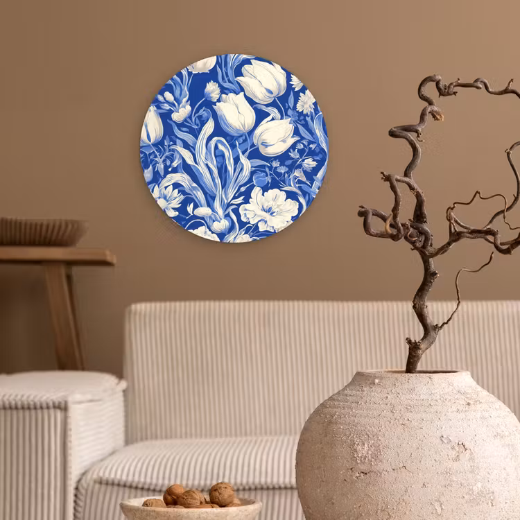 Bloemen - Delfts Blauw - Patroon - Tulp Wandcirkel kunststof plaat 5mm dik klein -sfeer1